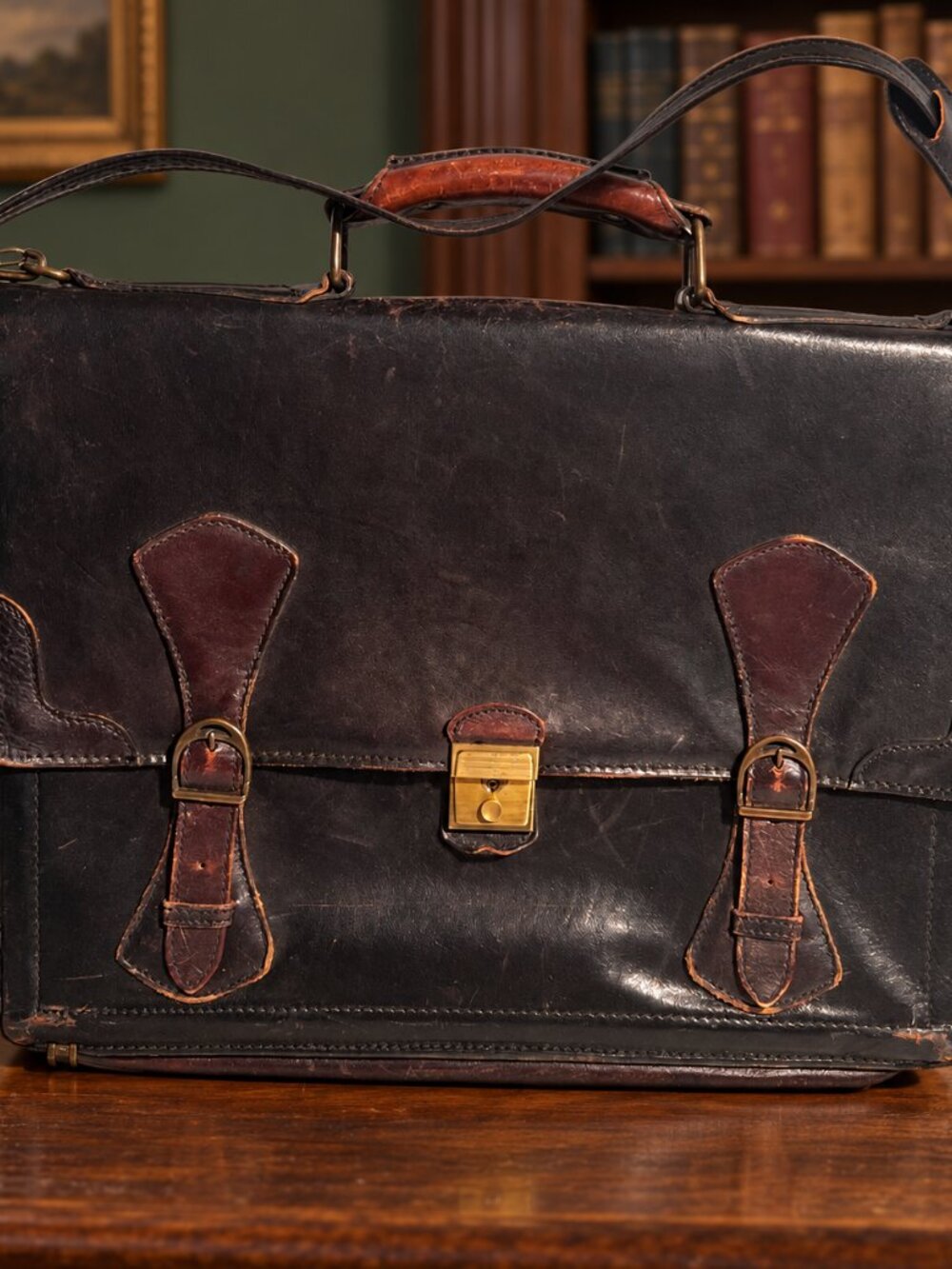 Vintage Leather Briefcase Messenger Bag Satchel Dark Brown Black Brass Hardware